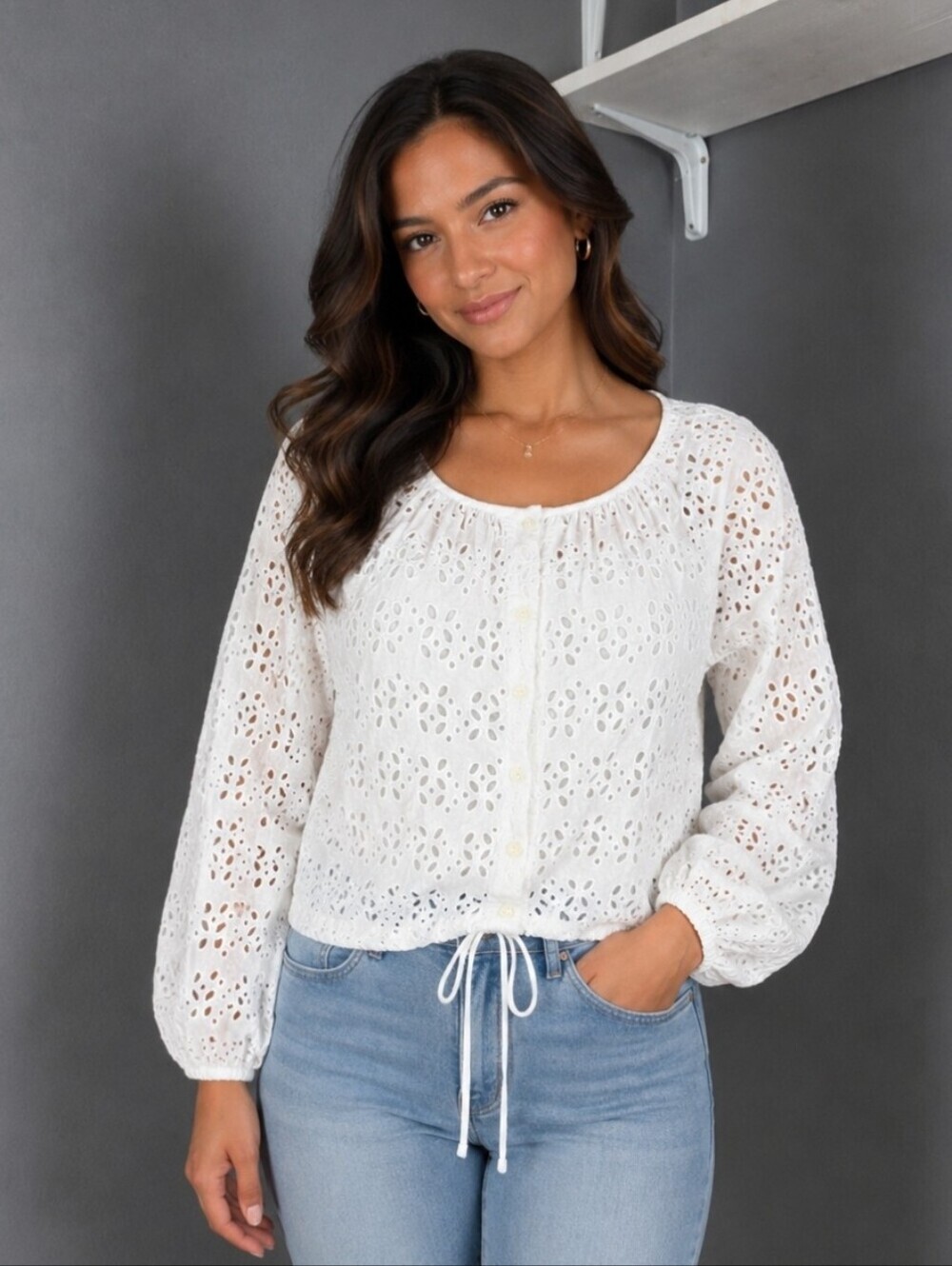 Women’s White Eyelet Button-Front Blouse